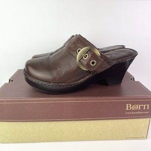 Born Women's LEGATO Clog Size 10 Block Heel Brown Leather Slip On Shoes